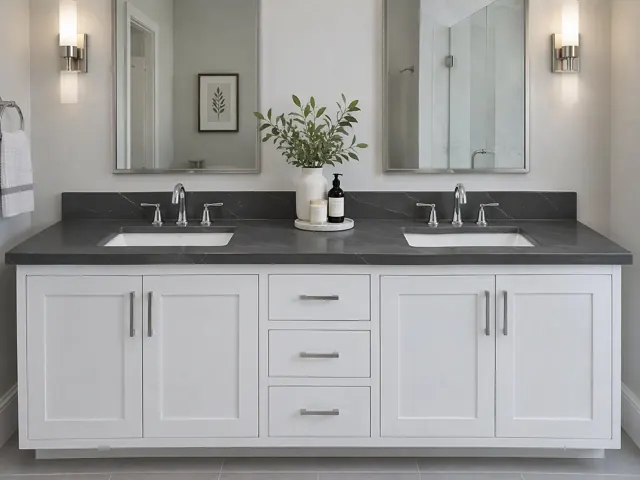 Render of a white double vanity with a dark gray Cambria Inverness Stonestreet-style quartz top and backsplash, two undermount sinks and chrome widespread faucets
