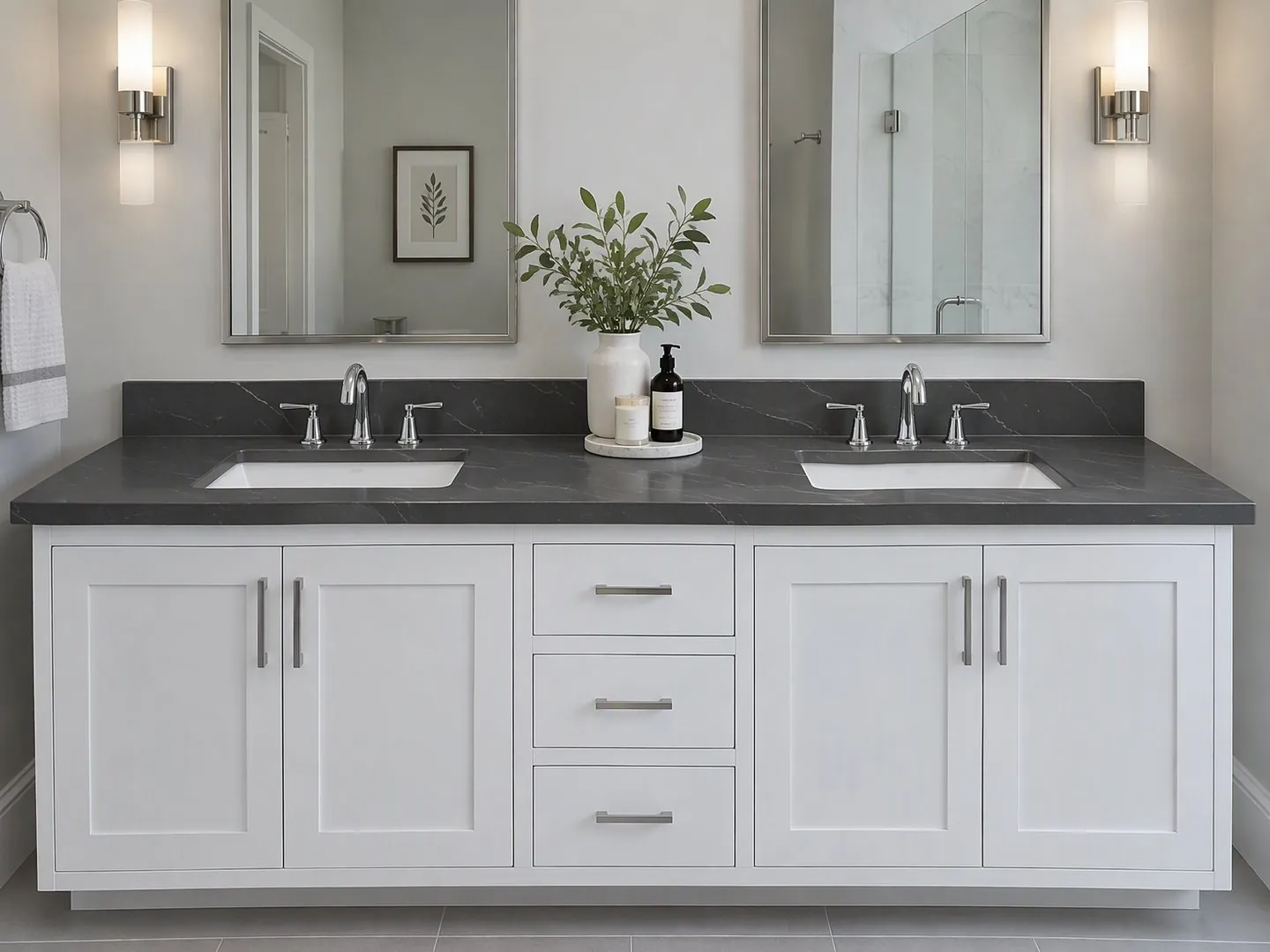 Render of a white double vanity with a dark gray Cambria Inverness Stonestreet-style quartz top and backsplash, two undermount sinks and chrome widespread faucets