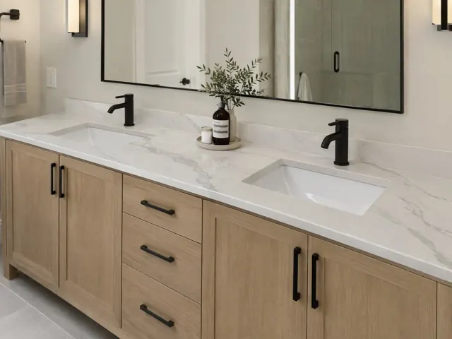Render of a light wood double vanity with a white Impact Stratus-style veined quartz top and two black faucets