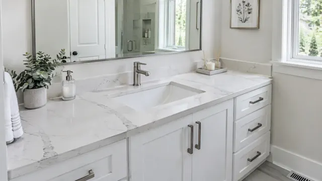 Render of a white paneled vanity with a Cambria Sutherland-style white quartz top with gray veining, undermount sink and chrome faucet