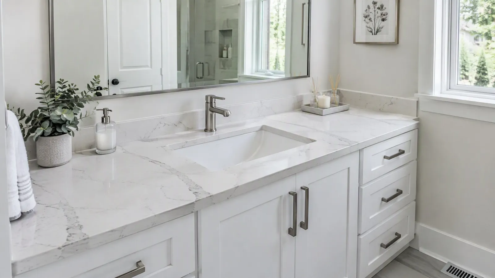 Render of a white paneled vanity with a Cambria Sutherland-style white quartz top with gray veining, undermount sink and chrome faucet
