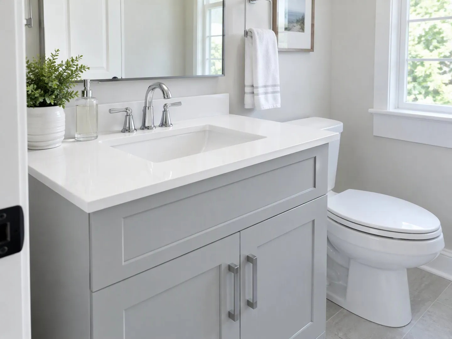 Render of a gray paneled vanity with a white Envi Temple White-style quartz top, white sink and chrome faucet