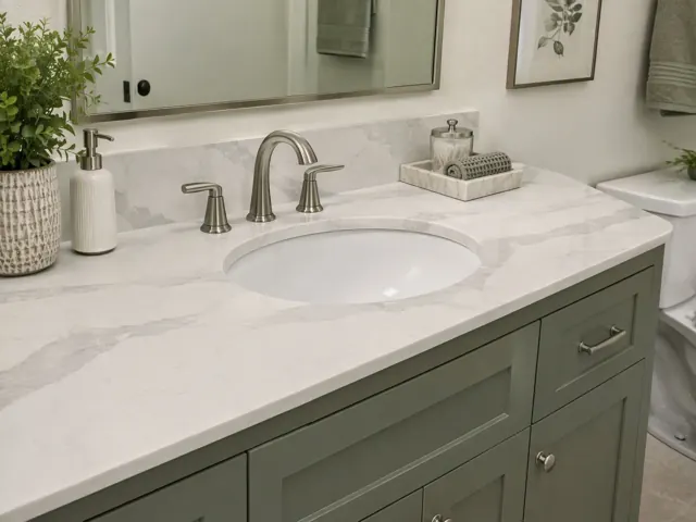 Render of a dark green vanity with a Cambria Whitendale-style white quartz top, oval undermount sink and brushed faucet