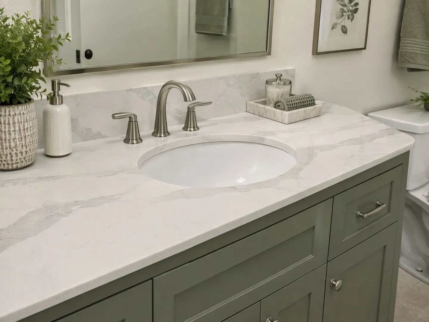 Render of a dark green vanity with a Cambria Whitendale-style white quartz top, oval undermount sink and brushed faucet